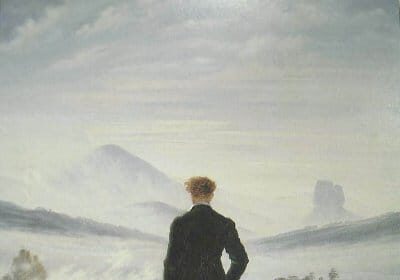 A painting of a man standing on top of a superhuman mountain.