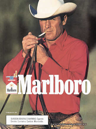 Marlboro man in red shirt vintage cigarette advertisement.