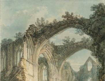 A Romantic Period painting of a ruined abbey.