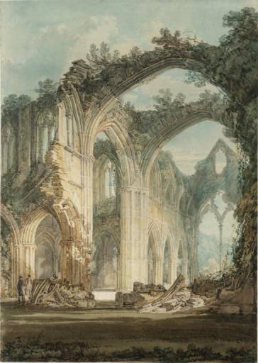 A Romantic Period painting of a ruined abbey.