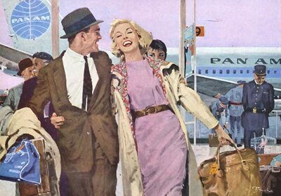 An illustration of a man and woman walking through an airport on Valentine's Day.