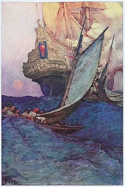 Pirates approaching large ship in ocean illustration.
