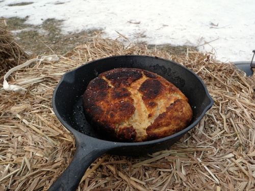 A wild bannock bread is being baked in a cast iron skillet.