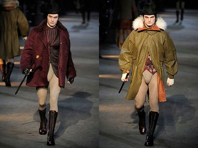 Men wearing codpieces for modeling. 