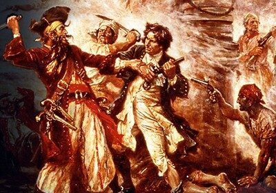 A painting of two men fighting in a pirate ship, showcasing the raw intensity and vigor of their battle.