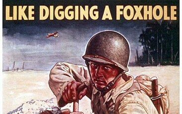 A frugal poster illustrating the art of digging a foxhole during war.