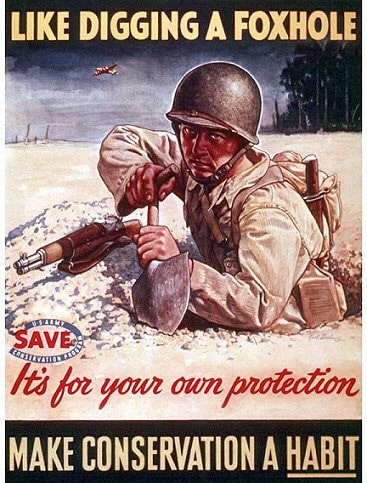 A frugal poster illustrating the art of digging a foxhole during war.