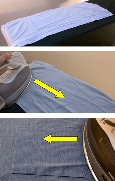 Ironing the front of dress shirt.