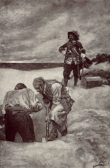 William Billy watching pirates to digging hole on beach illustration.