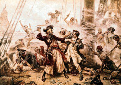 A thrilling depiction of pirates engaged in an intense battle aboard a ship.