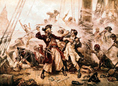 A thrilling depiction of pirates engaged in an intense battle aboard a ship.