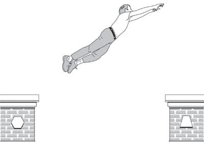 A black and white drawing of a man jumping over a brick wall on a rooftop.