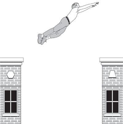A black and white drawing of a man jumping over a brick wall on a rooftop.