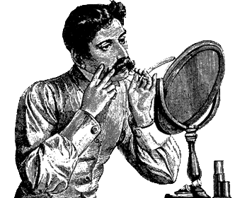 A man is brushing his vintage beard in front of a mirror.