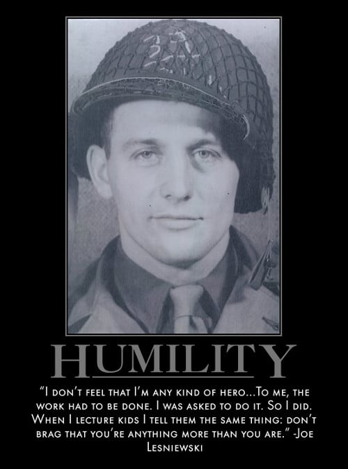 A motivational quote by Joe Lesniewski about humility. 