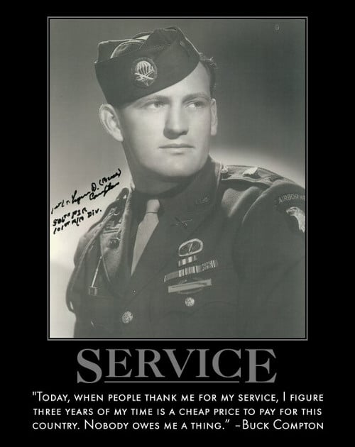 Motivational quote about service by Buck Compton. 