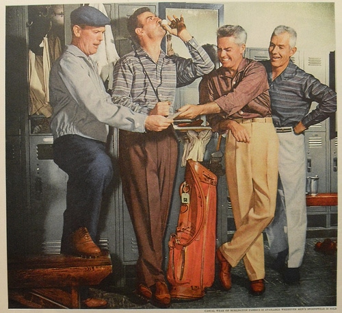 A painting of men hanging out in golf clubhouse.