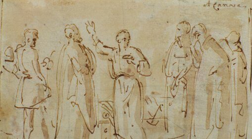 A drawing of a group of men in robes engaging in Classical Rhetoric.