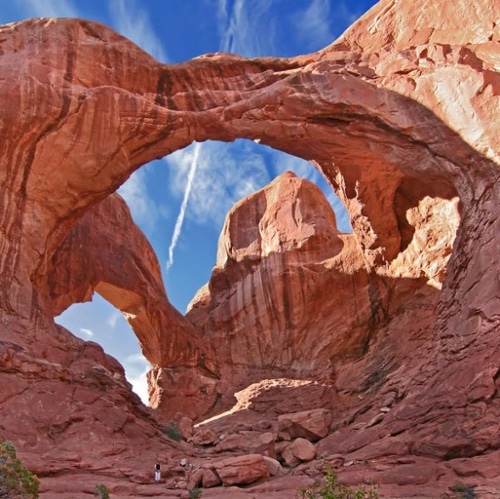 Close-set pair of natural arches in Arches National Park in southern Grand County.