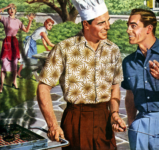 Vintage party and men grilling burgers painting illustration.
