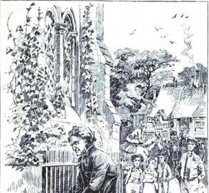 A black and white drawing of a man standing outside a gate, conveying Son's Regret.