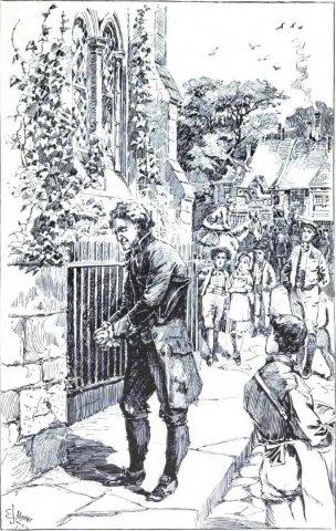 A black and white drawing of a man standing outside a gate, conveying Son's Regret.