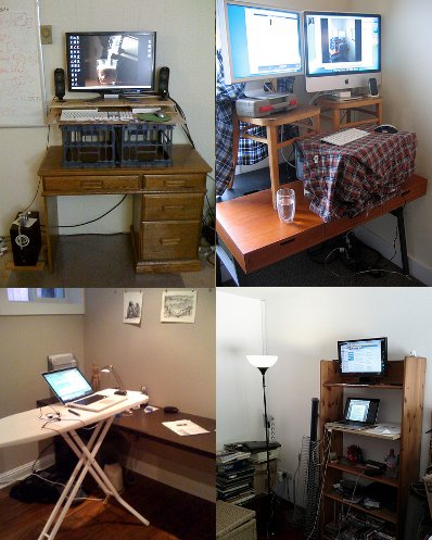 Homemade Jerry rigged standing desk iron board table.