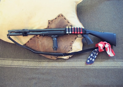 Survival shotgun modified zombie apocalypse USA bandana.