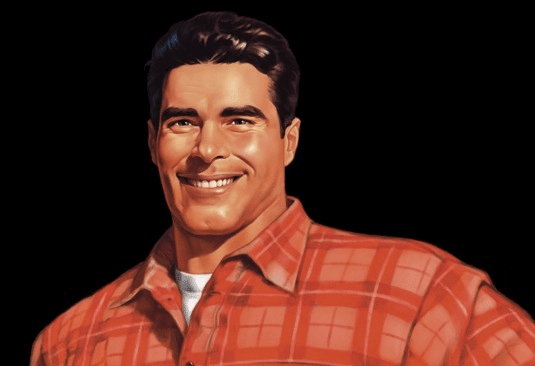 Modern updated brawny man brand icon in red shirt.