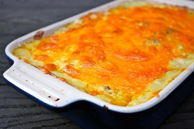 Cooked chicken casserole divan in baking dish.