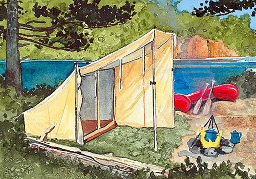 Vintage illustration lean to tent campsite next to lake.