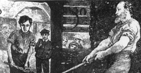 An old black and white drawing of a man working iron on an anvil.