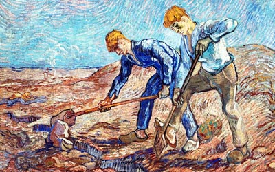 Painting of blue collar men digging the earth.