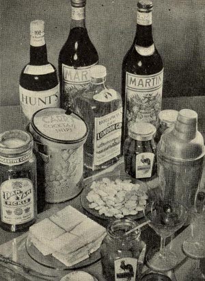 Vintage home bar supplies makings for cocktails.
