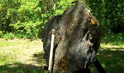 Tomahawk in center of tree stump.