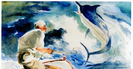 A watercolor painting of a man fishing with a dolphin in the sea.