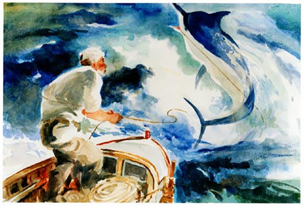 A watercolor painting of a man fishing with a dolphin in the sea.
