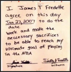 James Fredette's writing note.
