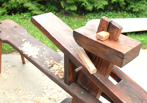 Wooden Schnitzelbank shaving bench woodworking tool.