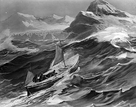Painting of Shackleton expedition small boat encountered in big waves.