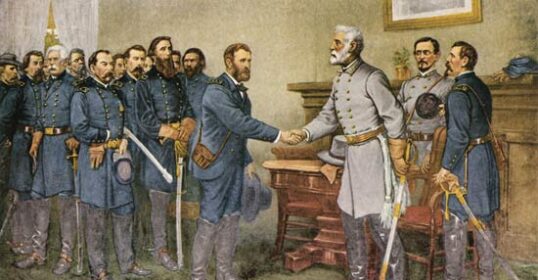 A painting capturing the essence of men shaking hands gracefully.