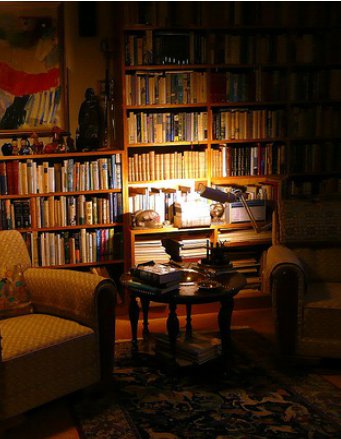 Man room cave shelves filled with books.