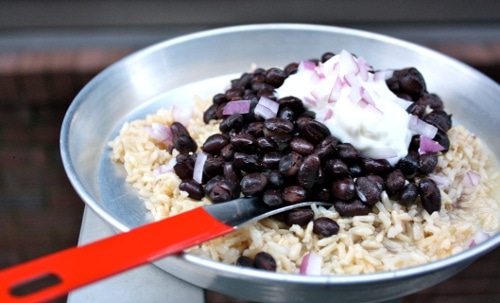 Cuban style rice with beans and onion.