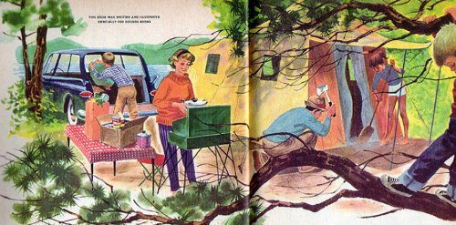 A kids' book with illustrations of people camping in the woods.