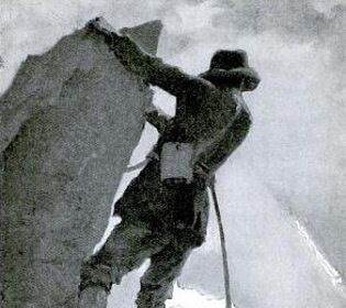A black and white illustration capturing the gains of a man climbing a mountain.