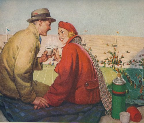 Couple drinking tea in football game illustration.