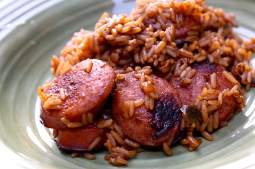 Smoked sausage jambalaya in plate.