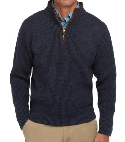 Quarter zip pullover sweater with ribbed pattern navy.