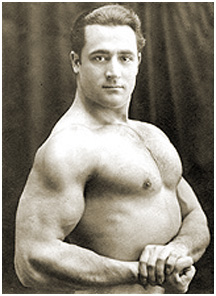 young charles atlas flexing bicep posing shirt off