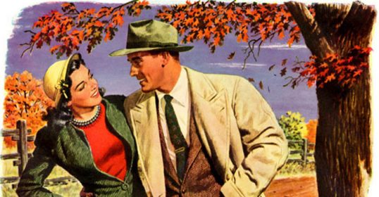 An illustration of a man and woman standing next to a fall tree.